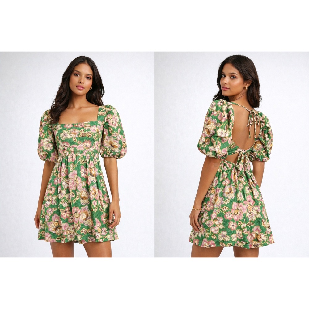 MISA Los Angeles Green Floral Puff Sleeve Square Neck Open Back Tie Mini Dress S